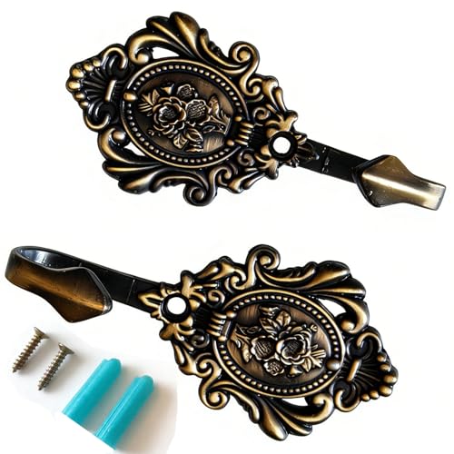 2Pcs Curtain Tiebacks Hook Vintage Bronze Rose Pattern Carved Wall Hooks - color: Bronze