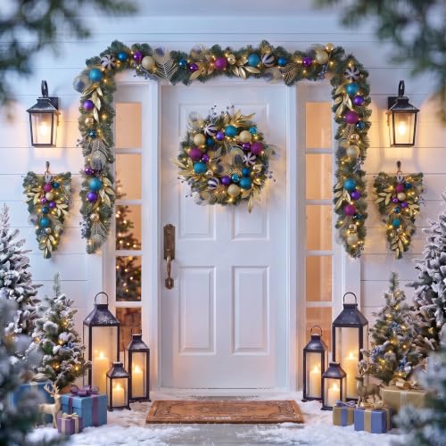 Valery Madelyn 6ft Pre-Lit Christmas Garland with Peacock Feather & Balls - color: Peacock, size: 6 feet
