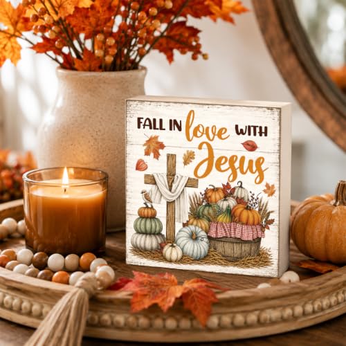 Fall Decorations for Home Fall in Love with Jesus Wood Sign Fall Decor - color: FALL43