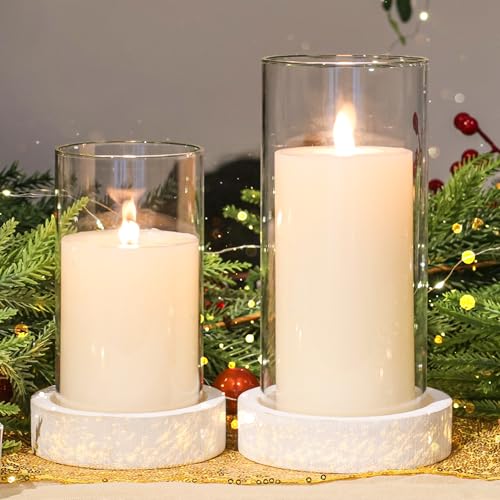 Ronasip Set of 2 Hurricane Candle Holders with Wood Base & Glass Cylinder (4.2x5.9” & 4.6x7.8”) – Rustic Wooden Candle Holders for Home Decor, Weddings, Table Centerpieces (2, White) - color: White
