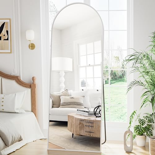 Arched Floor Mirror, 56"x20" Full Length Mirror, Standing Mirror Hanging or Leaning, Body Mirrors with Stand, Wall Mounted Mirror, Arched-Top Mirrors with Aluminum Frame for Bedroom (White) - color: White, size: 56"L x 20"W