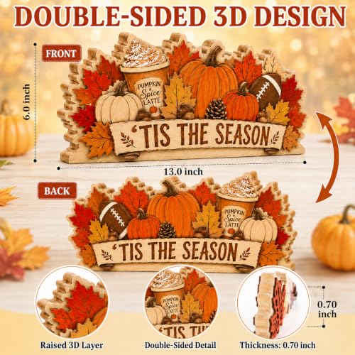Fall Pumpkin Decor Wooden Sign, Tis the Season Football Tabletop Decor - color: SEASON