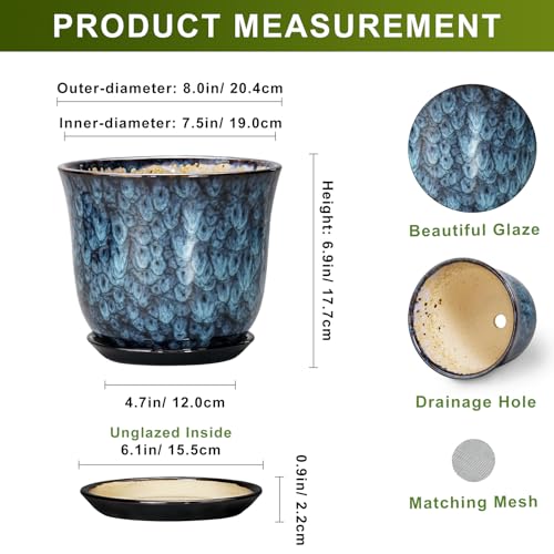 8 Inch Plant Pot - Ceramic Planter for Indoor Outdoor, Round Planter with Drainage Hole and Saucer, Modern Planters, Flower Pots, Apartment Porch Room Home Decor, Gardening Gifts, Blue - color: Blue, size: 8 Inch