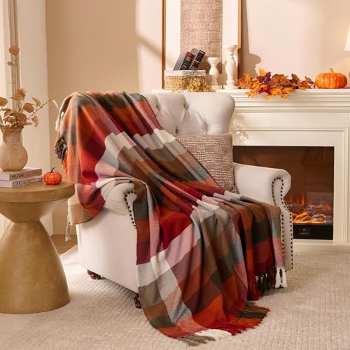 Lanpn Rust Plaid Throw Blanket, Cozy Soft Fall Fringe Blankets for Couch Sofa Bed, Lightweight Red Checkered Throws Acrylic Cashmere Like Shawl, Autumn Farmhouse Thanksgiving Home Decor Gift, 50x60 - color: Plaid Red