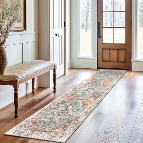 BESTSWEETIE Washable Boho 2x8 Runner Rug for Living Room, Green Brick - color: Green/Brick/Rust Red, size: 8' x 2' (Rectangular)