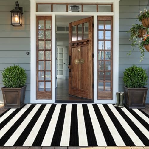 LEEVAN Outdoor Rug 5x8 Black and White Striped Rugs Woven Patio Decor Rug - color: Black and White (Thick Stripe), size: 5'7" x 7'6" (Rectangular)