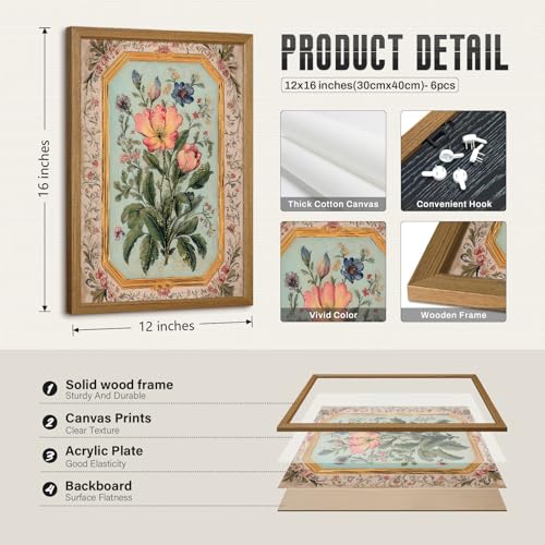 Indian Wall Art Vintage Floral Canvas Poster India Wall Decor Folk Flower Prints Scandinavian Pictures Antique Botanical Painting Gallery Artwork for Bedroom Living Room 12x16x6 Inch Wood Framed - color: Indian Floral Prints, size: 12"x16" Framed
