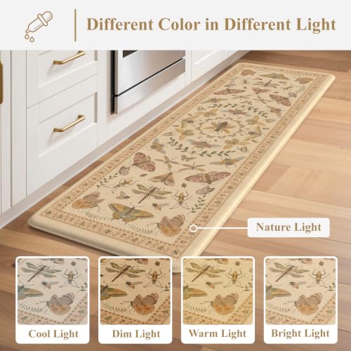KIMODE Kitchen Mats for Floor 2 Piece Anti Fatigue Cushioned Kitchen Rugs - color: Cream Beige Botanical