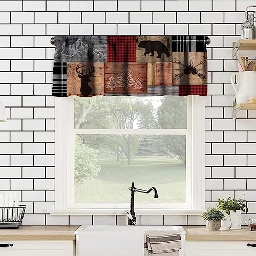Retro Rustic Valance,Vintage Bear Deer Hunting Wildlife Blackout Curtain Valance,Black Red Plaid Check Western Country Short Window Treatments for Bedroom Living Room Kitchen,54x18in - color: Bear-5
