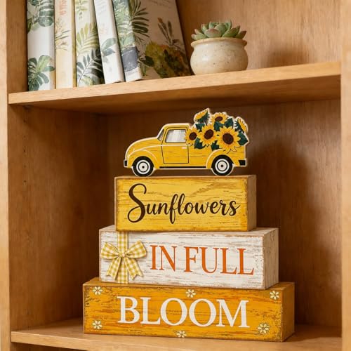 4 Pcs Summer Sunflower Table Decor, Wooden Sunflower Tiered Tray Decor with Truck, Rustic Farmhouse Yellow Block Tabletop Centerpiece for Home Kitchen Office Coffee Bar Fireplace Mantel Floating Shelf - style: Car