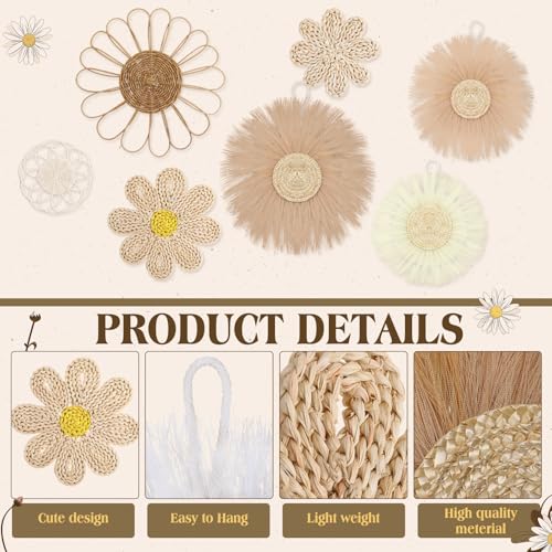Chunful 7 Pcs Boho Wall Basket Decor Rattan Flower, Light Beige Yellow - color: Light Beige Yellow