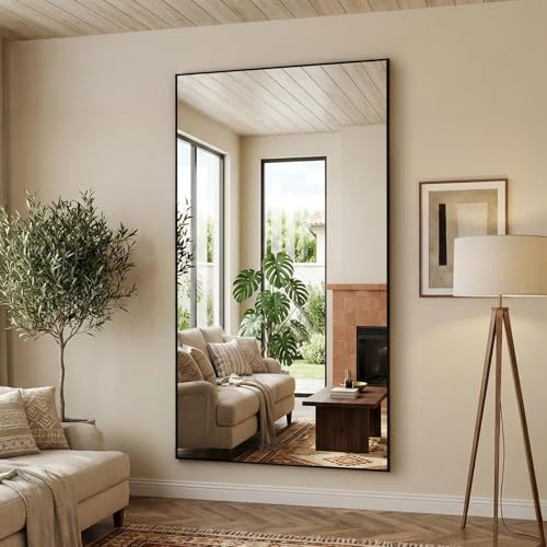 Full Length Mirror, 90"x46" Floor Mirror Freestanding, Oversized Floor Standing Mirror Full Body Mirrors with Stand for Bedroom, Hanging Mounted Mirrors for Living Room Cloakroom, Black, Rect - color: Black, size: 90"L x 46"W, style: Rect Style