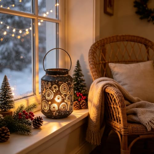 Rustic Metal Hanging Lantern, 8.66" H Vintage Distressed Brown Firework Cutout Decorative Lantern for Indoor Outdoor Use, Tabletop Patio Wedding Centerpiece, Fits Pillar & LED Candles - color: Brown