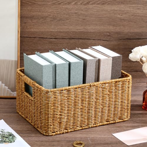 Hemobllo Imitation Woven Rattan Basket Desktop Storage Bin with Handles Large Capacity Shelf Organizer for Organizing Toys Pantry Sundries 13.38''