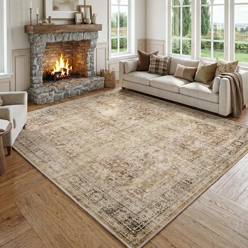 FMFUNCTEX 9x12 Washable Brown Vintage Distressed Large Rug for Living Room - color: Brown, size: 9' x 12' (Rectangular)