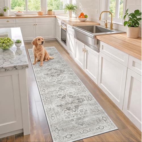 Washable 2x8 Hallway Runner Rug, Non Slip Kitchen Rugs Ivory/Gray - color: Ivory/Gray, size: 2'x8'