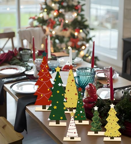 8PCS Christmas Wooden Tabletop Tree Decorations Set, Winter Holiday Wood Tree Table Centerpieces Fireplace Mantel Decor Merry Xmas Sign Table Top Party Supplies