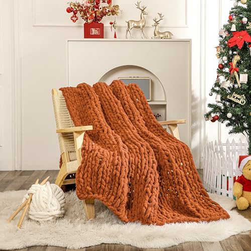 WESHIONGOO Chunky Knit Blanket Throw for Couch 51"×63" Burnt Orange - color: Burnt Orange, size: 51"x63"(Large Size Throw)