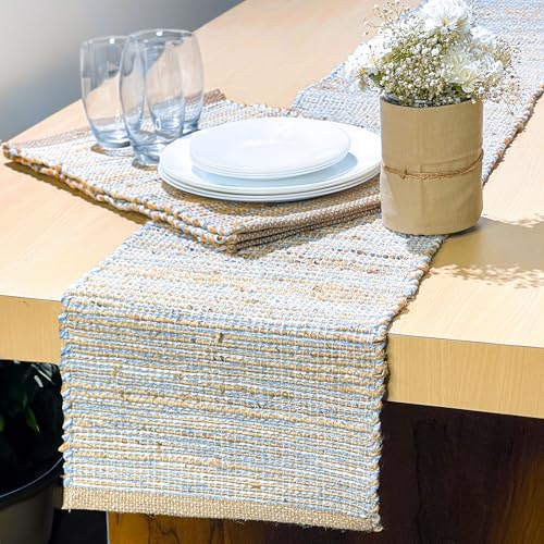 Chardin Home Natural Jute Table Runner, 13x90 Inch, Sky Blue-White - color: Natural Jute-sky Blue-white, size: 13x90 Inch.