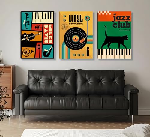 Framed 3Pcs Vintage Jazz Music Themed Canvas Print Wall Art 16x24 Inches - color: Yellow-green, size: 16x24Framed