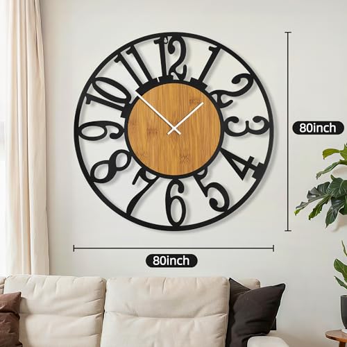 Maxstar Large Round Wall Clock for Living Room Decor Battery Operated Non Ticking Black Metal Wood Clocks for Home Living Room Garden Office Kitchen Decoration -32 inch - color: Wood-arabic Numerals, size: 32 Inch