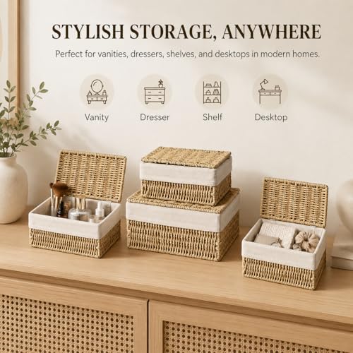 Storage Baskets with Lids Set of 3, Woven Bins with Liner - size: Small with Lids