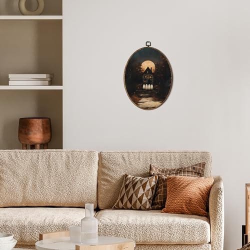 OINDADE Halloween Moon Ghost Oval Wall Art Decor, Dark Moody Fall Spooky Ghost Wall Art Hanging Decor, Halloween Moon House Ghosts Fall Framed Canvas Artwork for Living Room Bedroom, 8.8x11.5in - color: Color-3