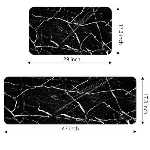 Mrcrypos Black Marble Kitchen Mat for Floor Anti Fatigue Kitchen Mat Set Non-Skid Waterproof PVC Leather (2 Pcs) for House Sink Office Kitchen Runner Mat 17.3" W X 29" L + 17.3" W X 47" L - size: 17.3"W x 29"L x 0.4"Th + 17.3"W x 47"L x 0.4"Th