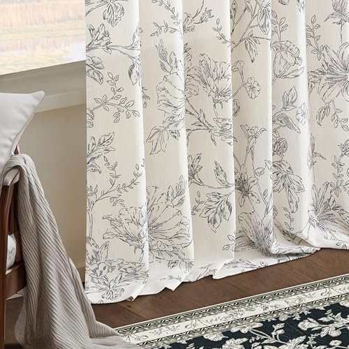 Black Floral Curtains 102 Inches Long Semi Sheer Pleated Linen Curtain - color: Black, size: 40"W x 102"L (Pack of 2)