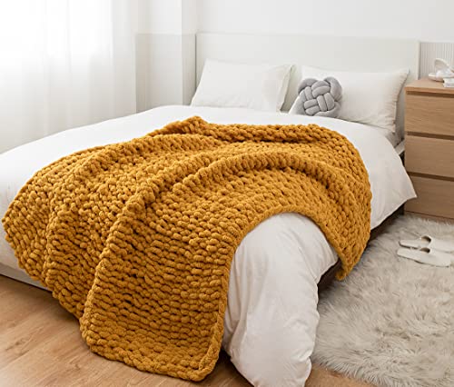 Chunky Knit Blanket Soft Chenille Yarn Knitted Throw Blanket 50"X60" Handmade Cable Warm Thick Giant Blanket for Couch Bed Trips (Turmeric Yellow, Throw 50"X60")?-¡ - color: Turmeric Yellow, size: Throw 50"X60"
