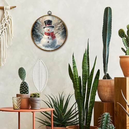 Mcehtle Vintage Winter Snowman Wall Art Decor, Christmas Snowy Forest Xmas Snowman Framed Canvas Prints 10x10, Rustic Cozy Holiday Round Wall Hanging Artwork Decorations for Home Bedroom Living Room - color: Colour 18