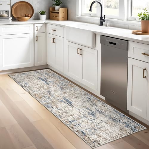 2x5 Non-Slip Washable Runner Rug – Modern Neutral Abstract Small Rug for Hallway, Kitchen, Bathroom, Bedroom, Entryway, Laundry Room – Thin Soft Low-Pile Rubber Backing(Blue Brown) - color: Blue/Brown, size: 2' x 5' (Rectangular)