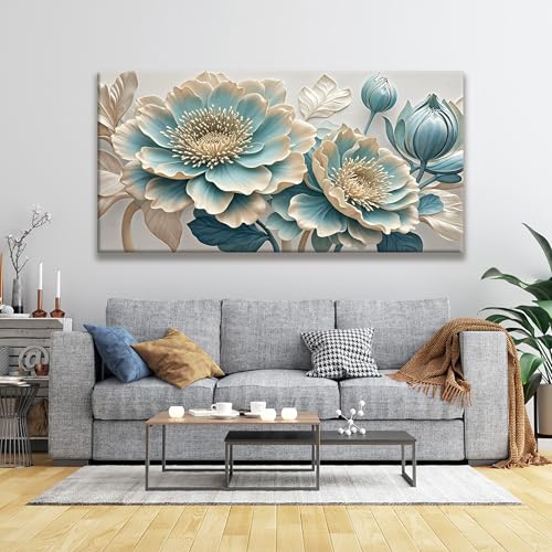 QSQ Large Blue White Flowers Wall Art For Living Room Picture 29" X 58" - color: KA7H, size: 58"L x 29"W