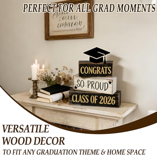 2026 Graduation Table Decorations Class of 2026 Senior Tiered Tray Decor Wooden Cap Block Signs Farmhouse Congrats Grad Tabletop Party Centerpiece for Tables Wooden Sign for Home Decor - style: Cap