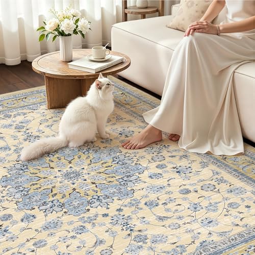 Arenarug Washable 2x3 Area Rug, Distressed Vintage Floral Small Throw Rug, Soft Low-Pile Non-Slip Indoor Rug for Entryway, Kitchen, Bathroom and Bedroom, Beige Blue - color: Beige Blue, size: 2' x 3' (Rectangular)