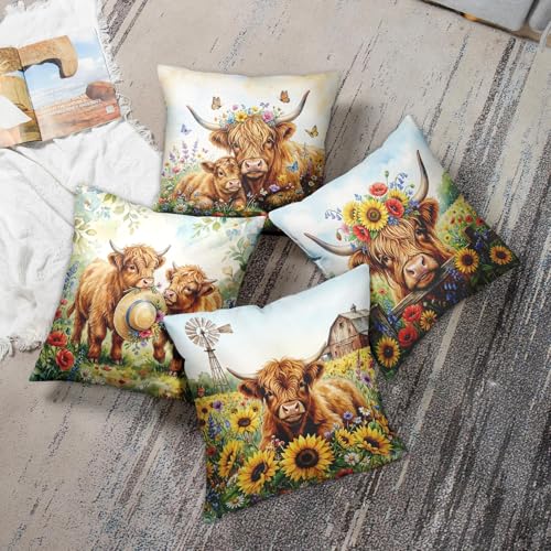 Throw Pillow Covers, Rustic Floral, Set of 4, 18"x18" - color: Highland Cow 3