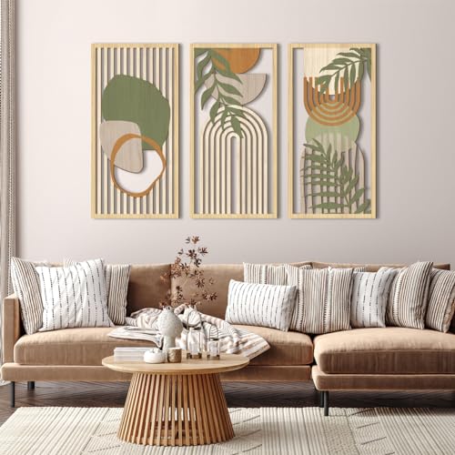 IARTTOP Boho Mid-Century Modern Wood Wall Art 16x32 Inch Large Green Abstract Wood Wall Decor Mid Century Bohemian Artwork for Bedroom Living Room Office Kitchen Set of 3 - color: Green Boho, size: 32"L x 16"W