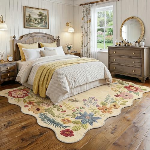 FMFUNCTEX 6x9 Washable Beige Floral Boho Scalloped Area Rug for Living Room - color: Beige, size: 6' x 9' (Rectangular)