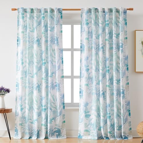 Aqua Blue White Leaf Sheer Curtains 54x84" Abstract Floral Print Bedroom 2 - color: Back Tab- Semi Sheer- Aqua Blue, size: 55"W x 84"L (Pack of 2)