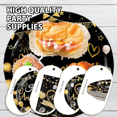 Greencian 96 Pcs Black and Gold Anniversary Party Decorations,Serves 24 - style: Happy Anniversary Kit
