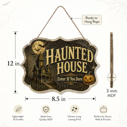 Halloween Wooden Hanging Sign for Front Door, Vintage Haunted House Wall Decor, Rustic Farmhouse Halloween Porch Sign with Moon Bat Pumpkin Design, Spooky Seasonal Indoor Outdoor Home Decoration(D01) - color: Haunted House