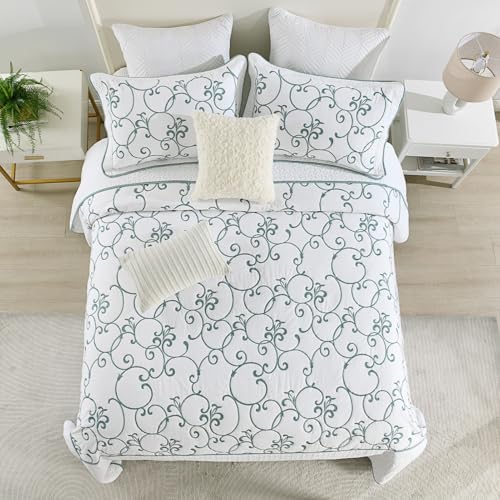 Oversized King Bedspread 120"x120" - 100% Cotton California King Quilt, Embroidered Bedspread Coverlet with Pillow Shams, Lightweight Quilted Bedding Set 3 Piece, Aqua Blue/White - color: White/Aqua Blue(turquoise), size: King/Cal King(120"x120")