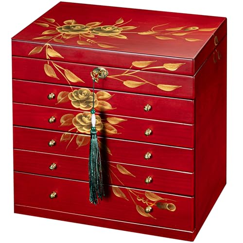 Hand Painted Rose Wood Jewelry Box 6-Layer Lockable Organizer Red