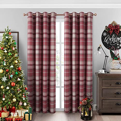 always4u Plaid Curtains 100% Blackout Thermal Energy Saving Drapes for Bedroom Woolen Look Farmhouse Living Room Curtains 2 Panels 54 * 95 Burgundy Red - color: Burgundy Red, size: 54"W x 95"L (Pack of 2)
