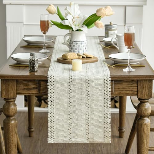 Artoid Mode Beige Woven Farmhouse Hollow Table Runner 12x72 Inch - color: Beige, size: 12" x 72", Table Runner