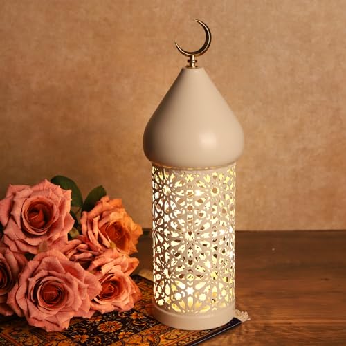13in Ramadan Lantern Lights White Moroccan Lamp Decorative Festival Table Centerpiece Decor Outdoor Patio or Porch Indoor Home Decor Islamic Muslim Gift - color: White Moon
