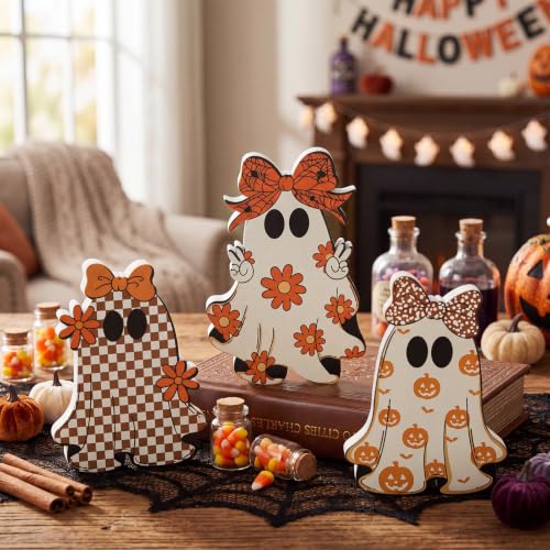 Gerrii 3 Pcs Cute Ghost Halloween Table Decorations Indoor, Floral Pumpkin Checkered Ghost with Bow Wooden Block Signs, Halloween Tiered Tray Decor Tabletop Centerpieces for Holiday Party Home Office - style: Pumpkin, Checkered