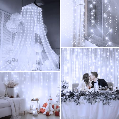Minetom Curtain Lights, 300 LED Dimmable Twinkle Fairy Lights, 8 Modes - color: White, size: 1 Pack