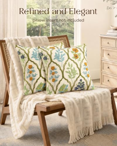 Embroidered Throw Pillow Covers 18x18, Set of 2, Verdant Blooms - color: Verdant Blooms, size: 18" x 18" (Pack of 2)