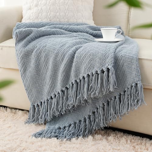 BATTILO HOME Blue Grey Chenille Throw Blanket for Couch, 60"x80" - color: Bluish Grey, size: 60"x80"